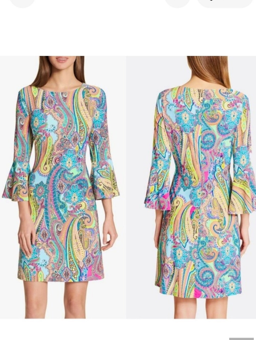 Tommy Hilfiger Jaipur Multicolor Paisley Shift Dress with Bell Sleeves Womens 10